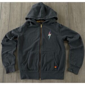 Aviator Nation Dark Gray Hoodie Lightning Bolt-missing drawstring and teeny hole